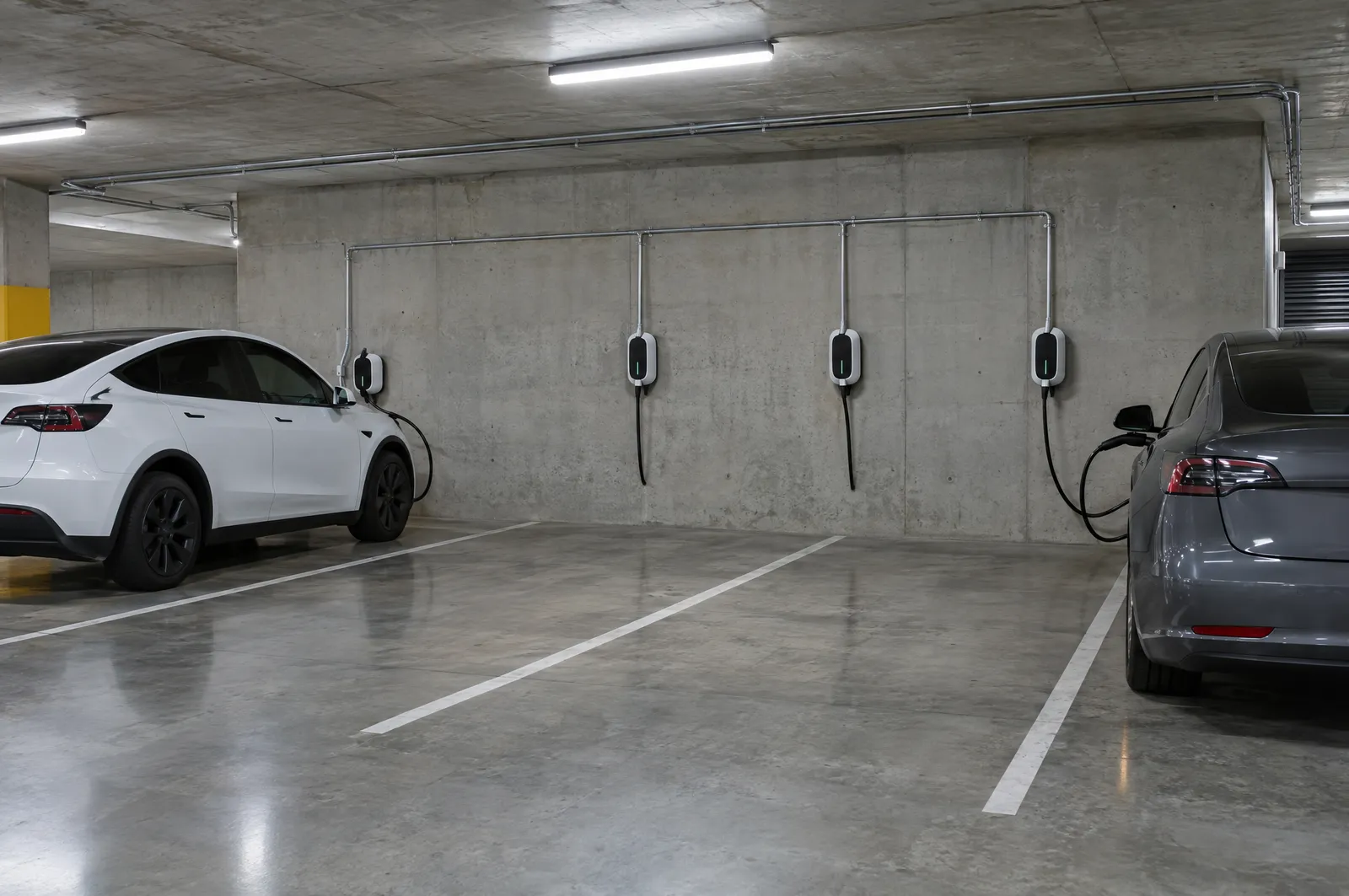 Row of wall-mounted EV chargers in an apartment basement car park with two cars charging