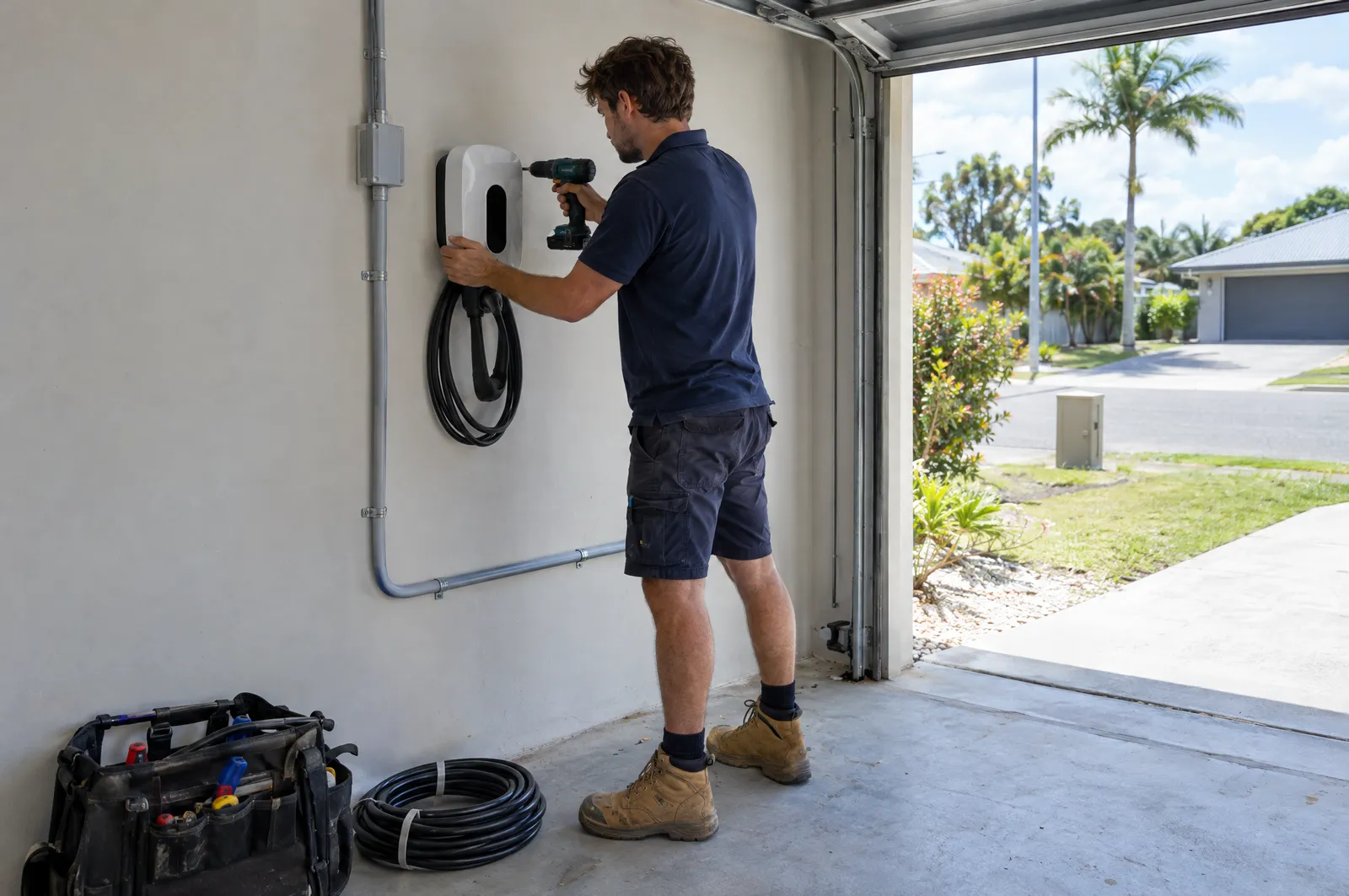Electrician mounting a wallbox EV charger on a garage wall with conduit running to the switchboard