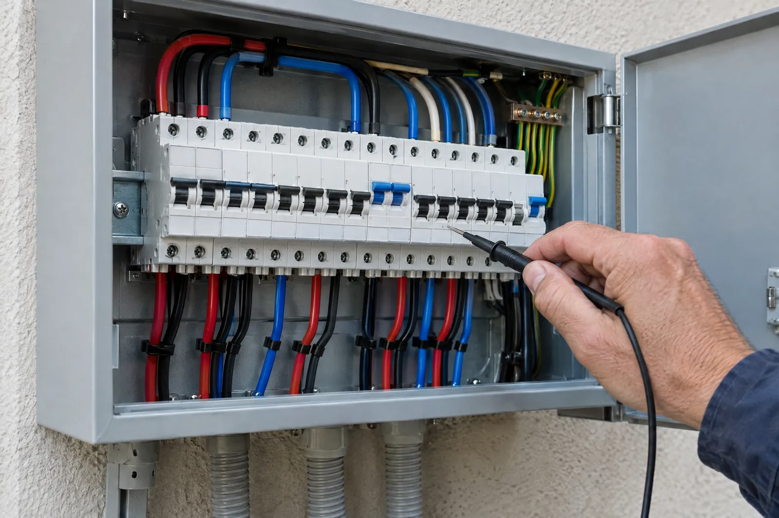 Electrician testing a modern switchboard with circuit breakers and RCBO safety switches