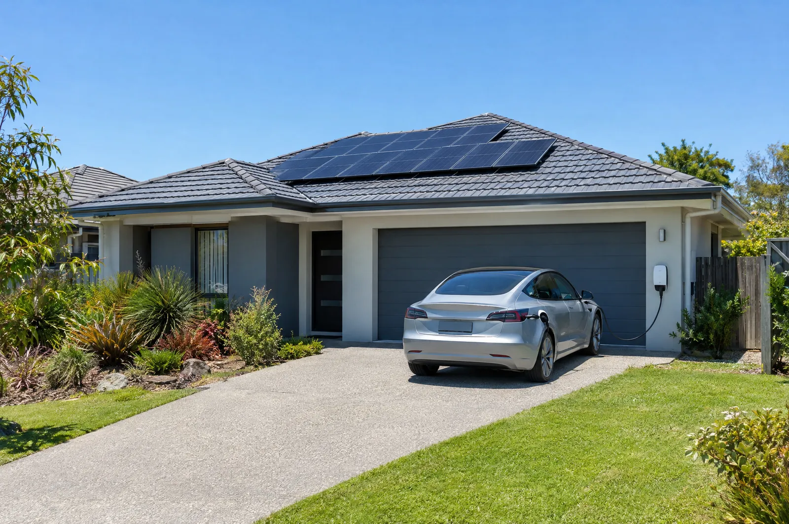 House with rooftop solar panels and an electric car charging in the driveway